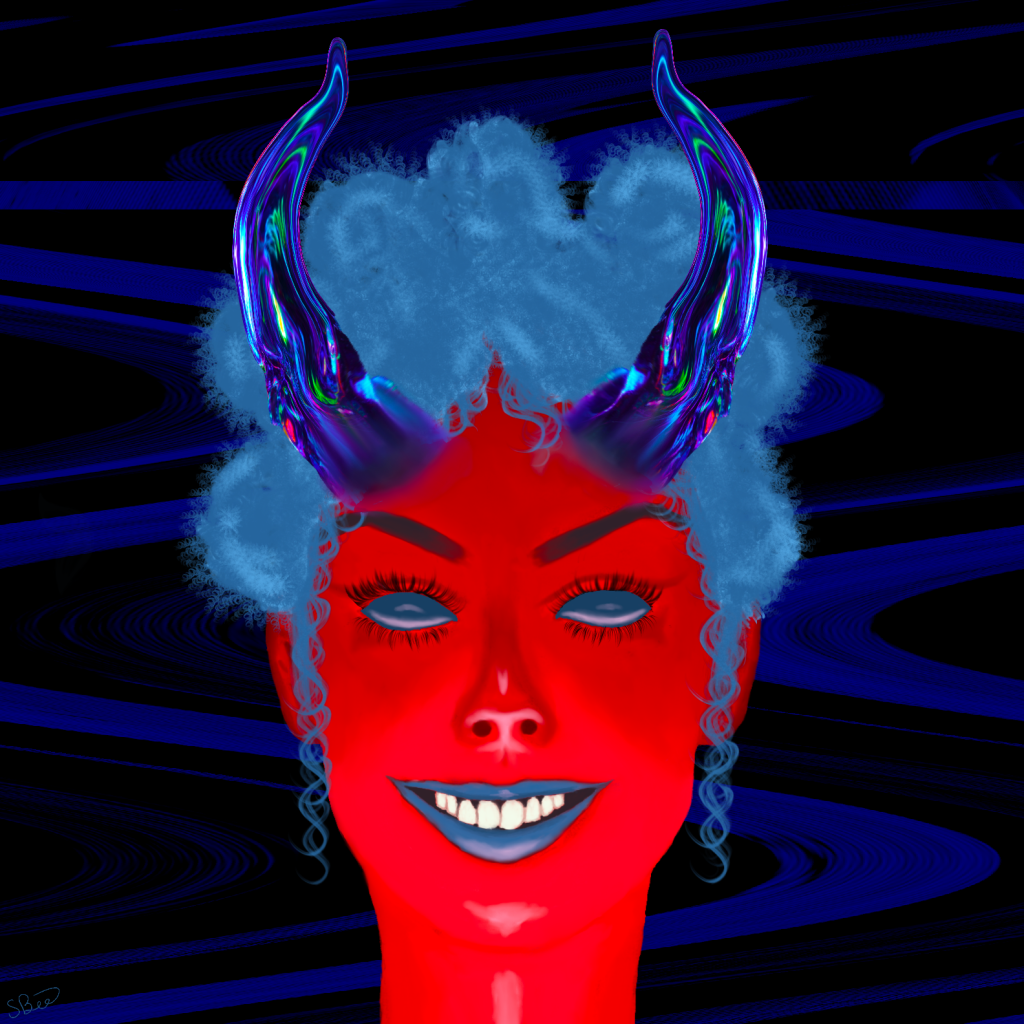 Girl with red skin, blue hair, and iridescent horns. 